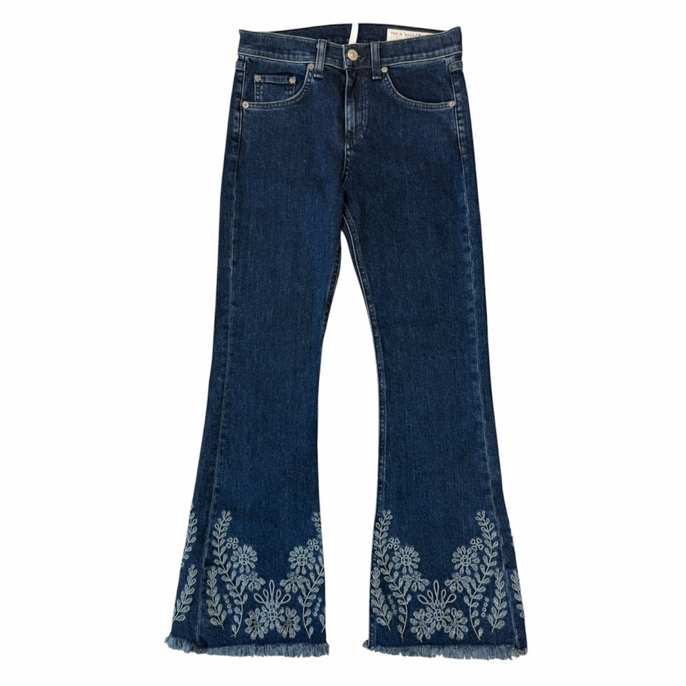 ✅ rag & bone Dark Blue Flare cropped Jeans with embroidered hem size 25